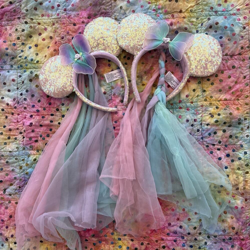 Set Of 2 Disney Parks Minnie Mouse Ears Pink Purple Sequin Rainbow Veil Headband